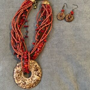 Stunning Red and Gold Necklace with Multi Strands and Pendant Earrings
